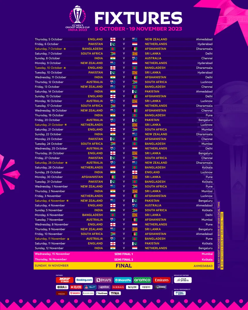 world cup cricket matches 2023 schedule